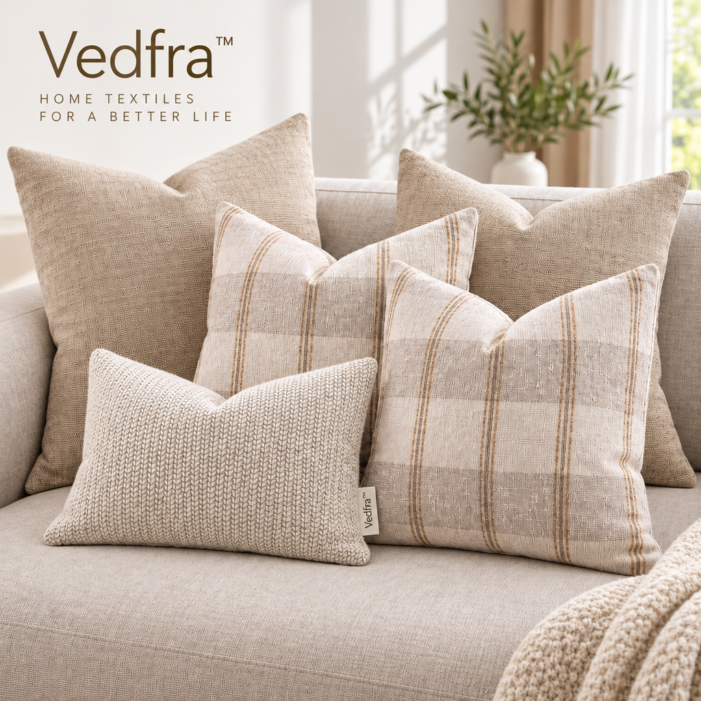 Vedfra™ Neutral Plaid & Textured Throw Pillow Set for Layered Sofas
