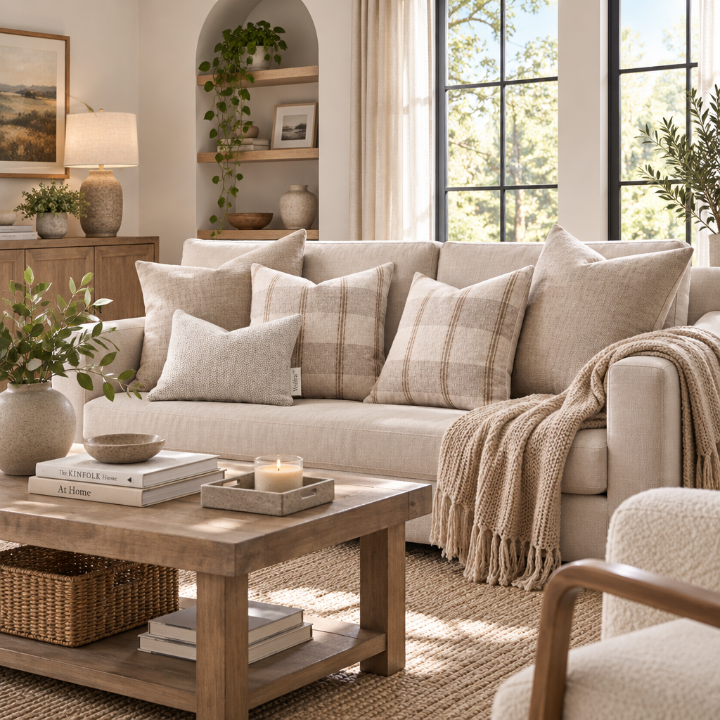 Vedfra™ Neutral Plaid & Textured Throw Pillow Set for Layered Sofas