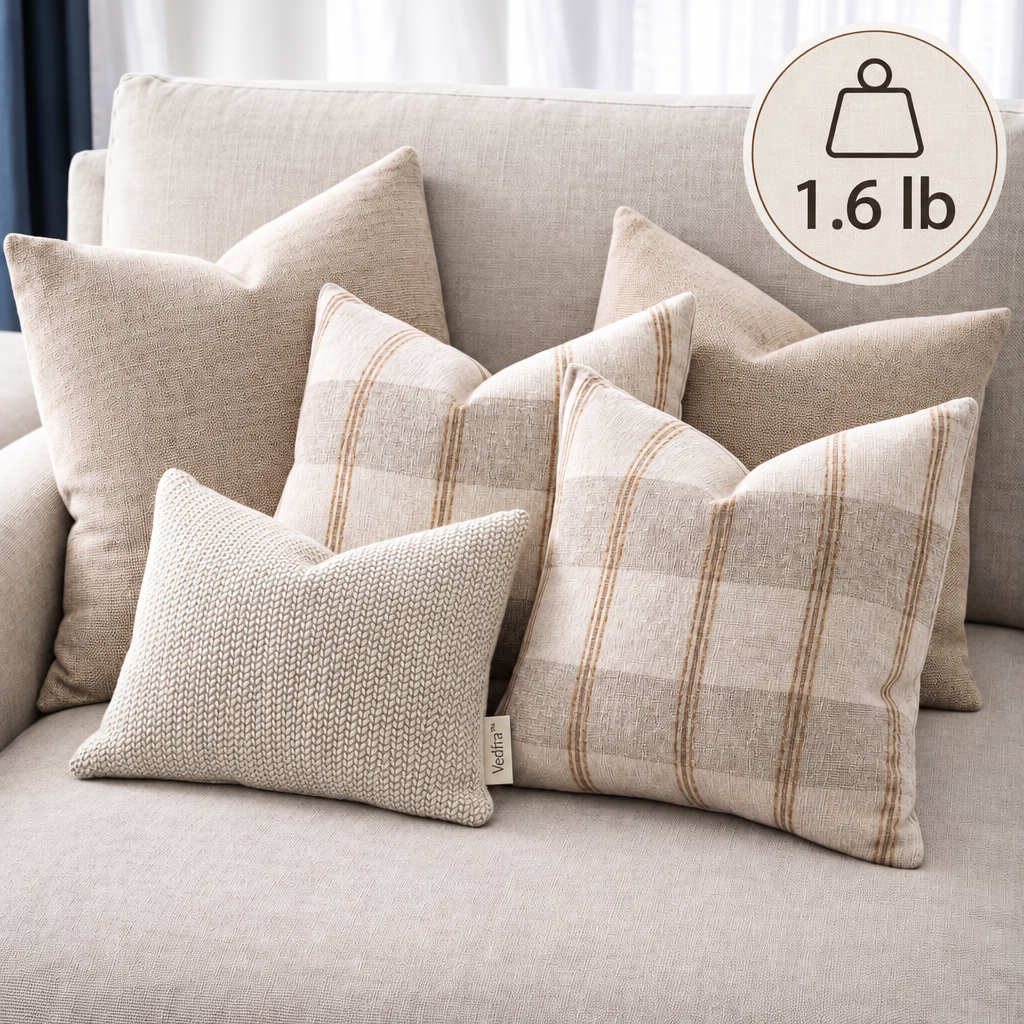 Vedfra™ Neutral Plaid & Textured Throw Pillow Set for Layered Sofas