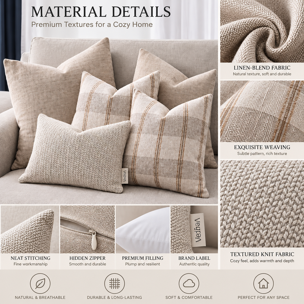 Vedfra™ Neutral Plaid & Textured Throw Pillow Set for Layered Sofas