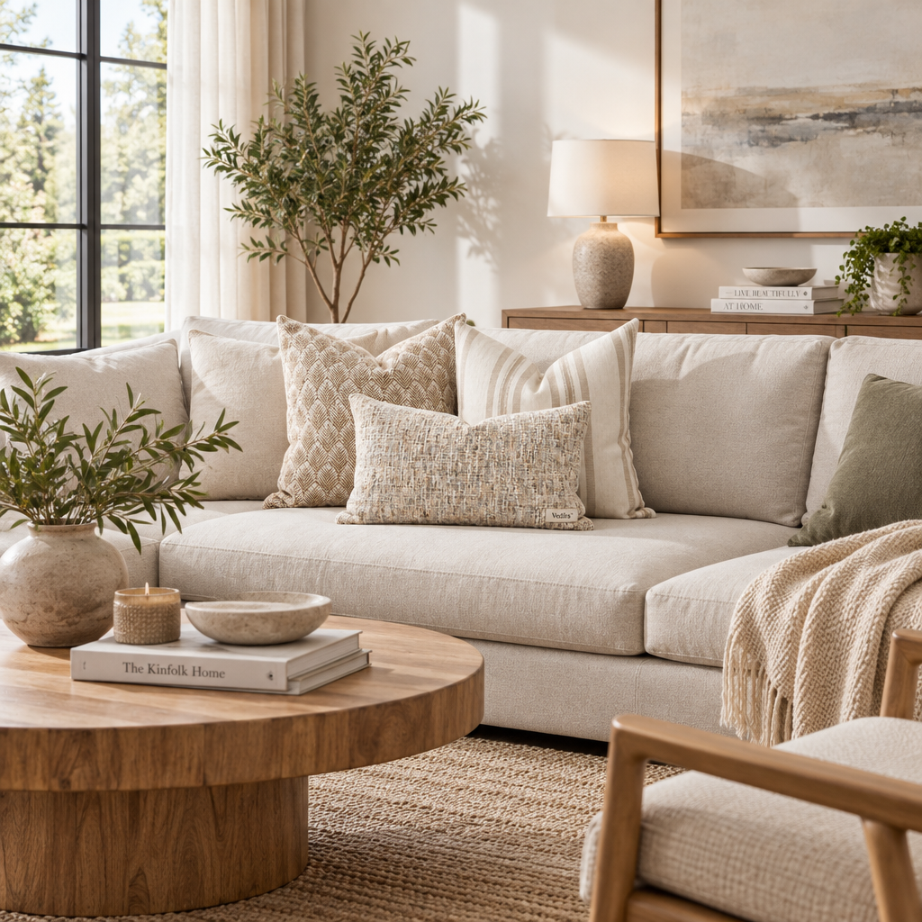 Vedfra™ Woven Ivory Throw Pillow with Subtle Tassel Detail