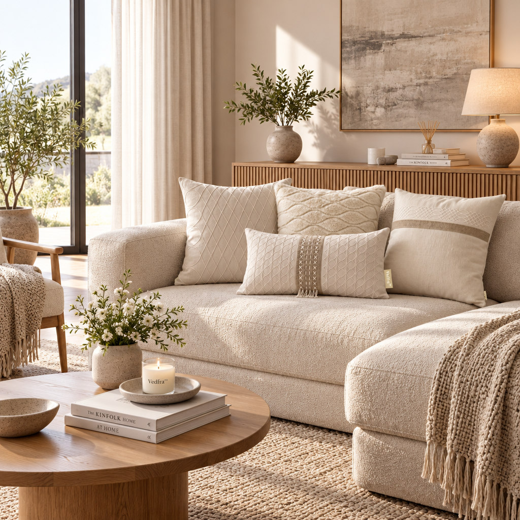 Vedfra™ Neutral Embroidered Pillow Arrangement for Sofa Styling
