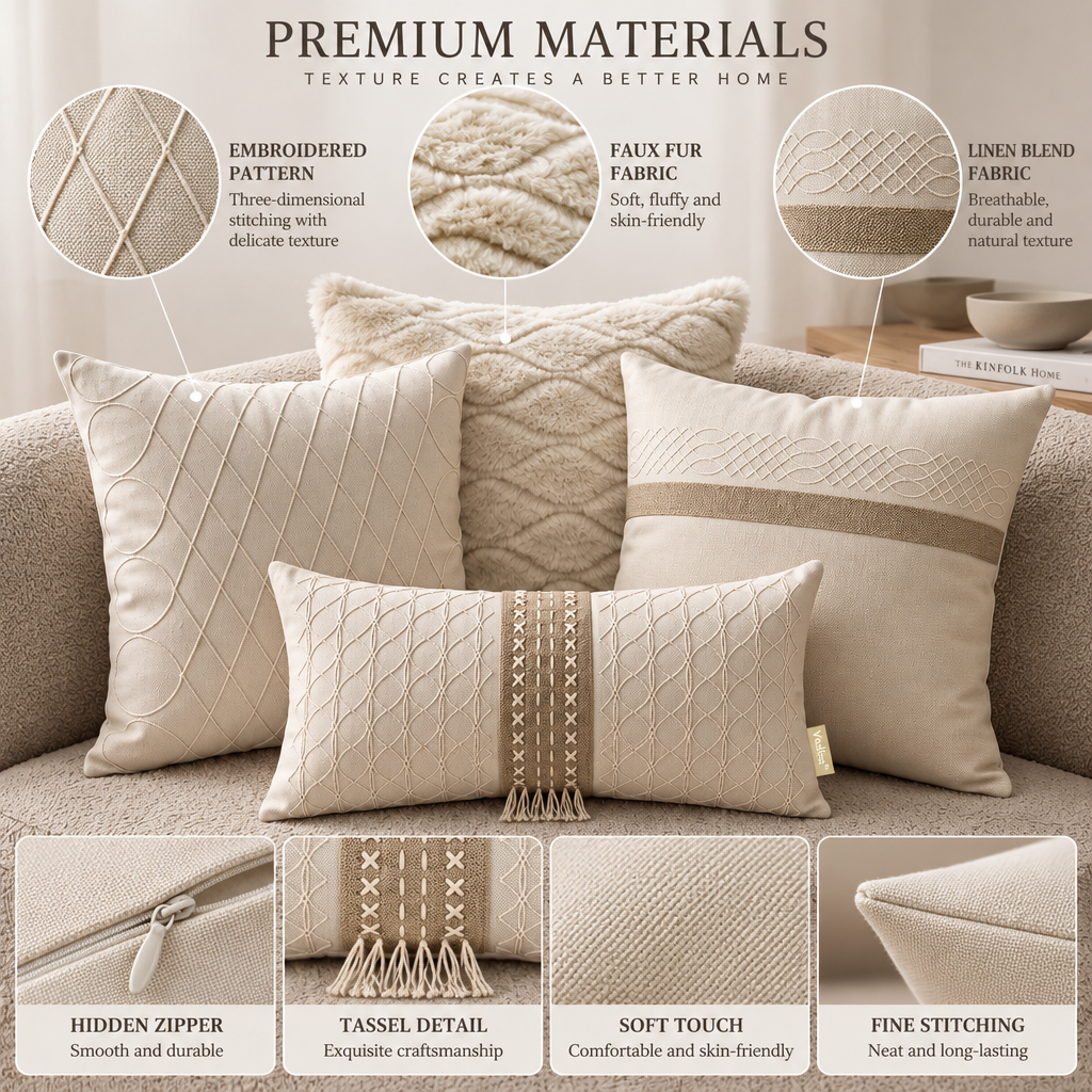 Vedfra™ Neutral Embroidered Pillow Arrangement for Sofa Styling